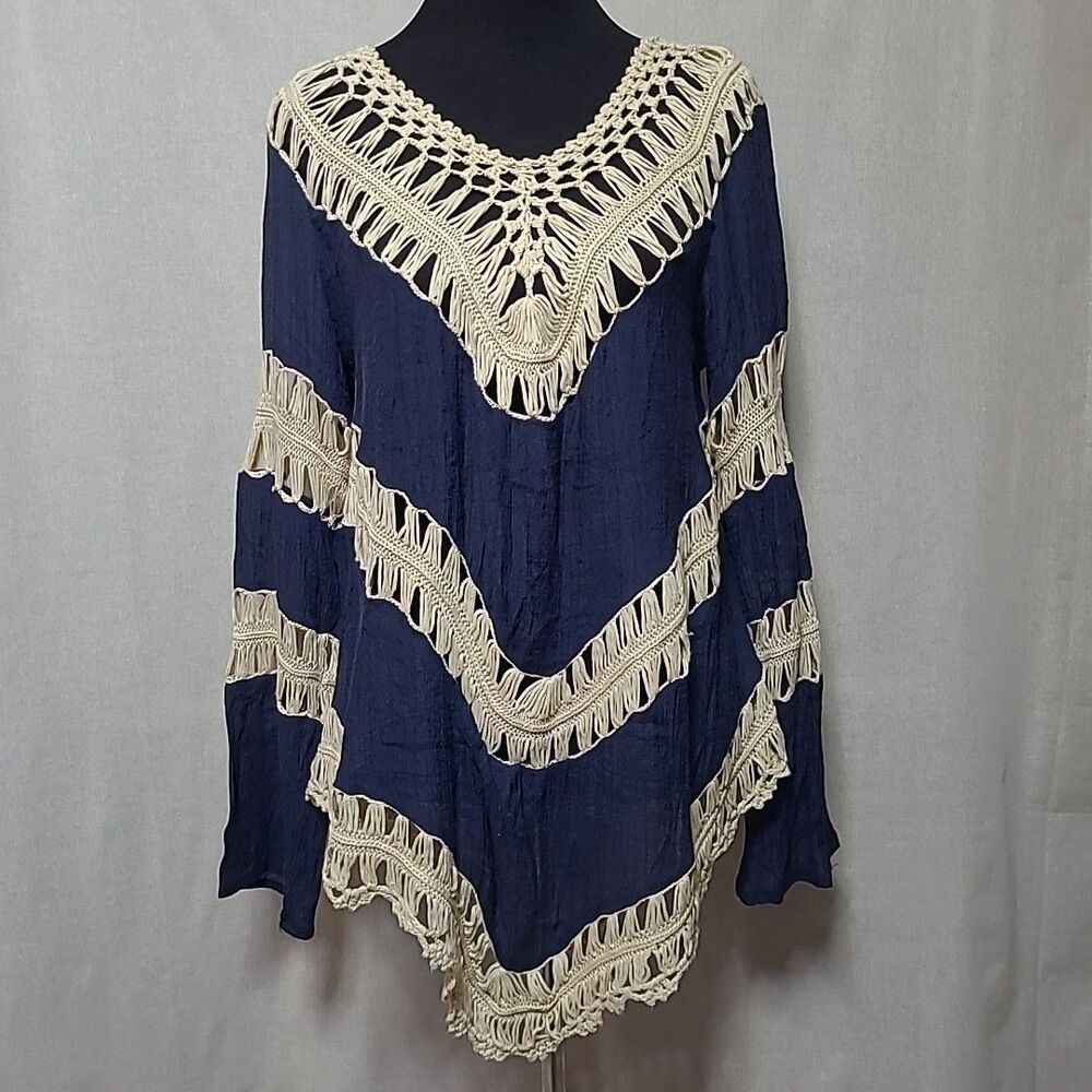 Umgee Navy Blue Beige Crochet Top Size L Boho Hippie Summer Beach Top Cover Up